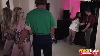 FAKEhub - Whores sleepover night heats up when fresh brother and his weird mature geeky friend try to fuck the horny blonde British GF giving her a double dicking climax and a cream-pie