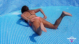Nippleringlover Horny Milf Attractive Bikini Flashing Pierced Nipples & Snatch While Cleaning Pool Outdoors