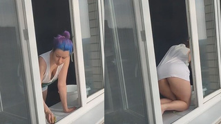 A neighbor bitch washes windows without a bra and panties