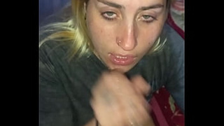 blonde blows it all deep and gets a sperm bath on her face and enjoys it
