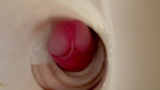 Orgasm two times in a row deep in fucktoy - online cam inside view - close up cream pie