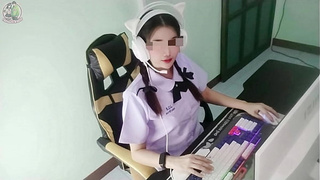 Japanese school bitch is caught and banged in front of the computer by her senior, screaming loudly in the house (clear Asian audio) 4K